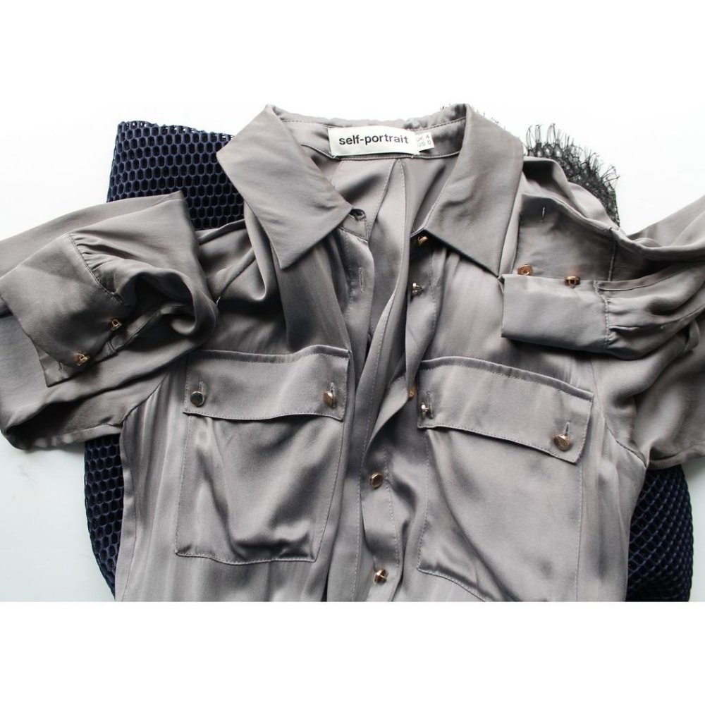 Self Portrait Silk Button Down Shirt Tulle Dress Size 0 Grey Blue Authentic - Picture 7 of 9